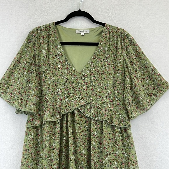 Manydress Dress Sz L Green Floral Print Flutter Sleeves V-Neck Ruffled Hem EUC - Picture 2 of 8